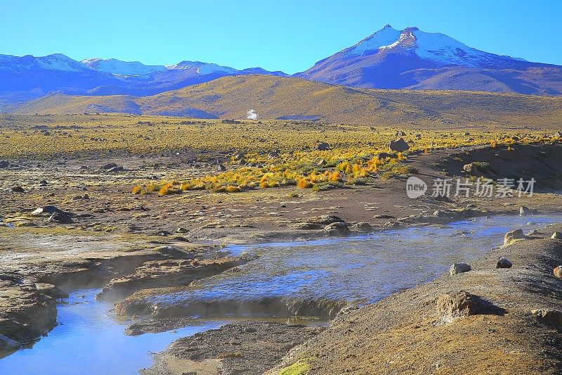 戏剧性的景观:Tatio Geysers河流在日出和田诗式的阿塔卡马沙漠草原，积雪覆盖的火山景观全景-圣佩德罗阿塔卡马，智利，Bolívia和阿根廷边境